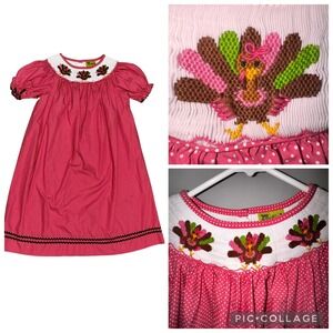 Stellybelly Baby Girl Dress‎ Pink Polka Dot Turkey Smocked Thanksgiving Holiday